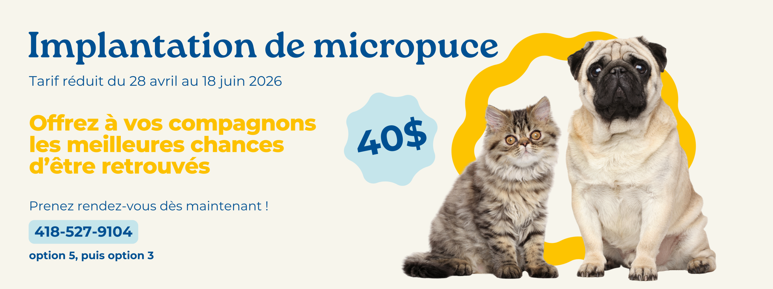 Implantation de micropuce à 40$, tarif réduit du 28 avril au 18 juin 2026. Appelez pour prendre rendez-vous.